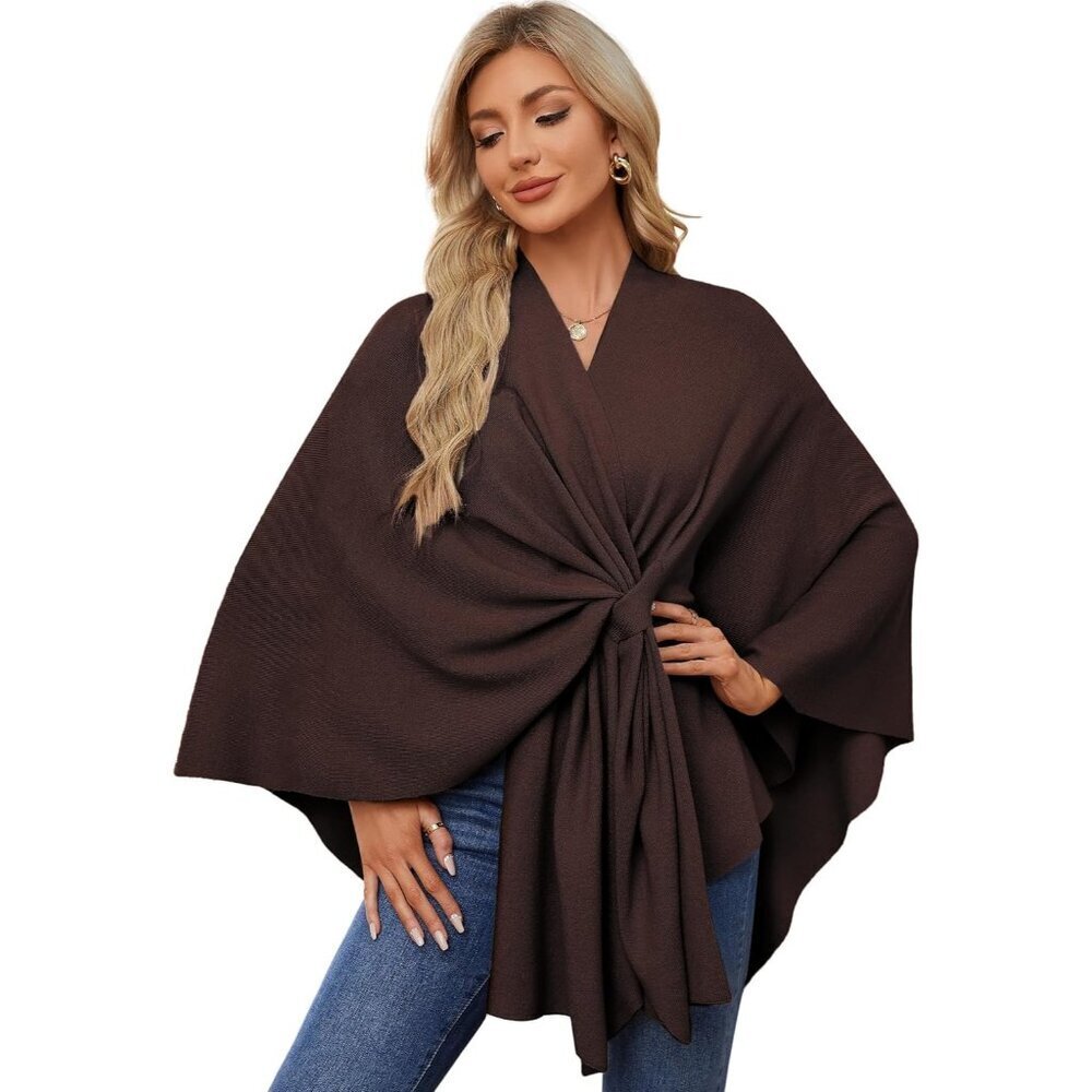 Women's Caramel Elegant Open Poncho Sweater For Spring Fall Winter Shawl Wraps